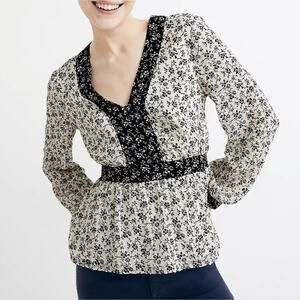 Madewell V-neck peplum top in Clipdot Branch Black and White Floral Women Medium